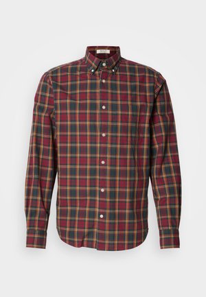 Red and green plaid long-sleeve button-up shirt in cotton fabric, featuring a button-down collar and a straight hem.