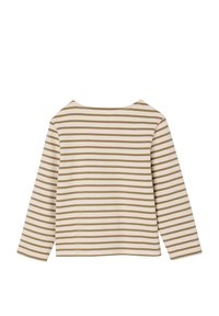 Langärmliges Oberteil in Creme mit olivgrünen horizontalen Streifen, mit weitem Ausschnitt und weichem Material. Rückansicht gezeigt.