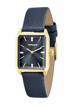 Prostokątny złoty zegarek na rękę z czarnym paskiem ze skóry o fakturze, czarną tarczą, złotymi wskazówkami oraz kryształowymi znacznikami godzin o godzinie 12, 3, 6 i 9.