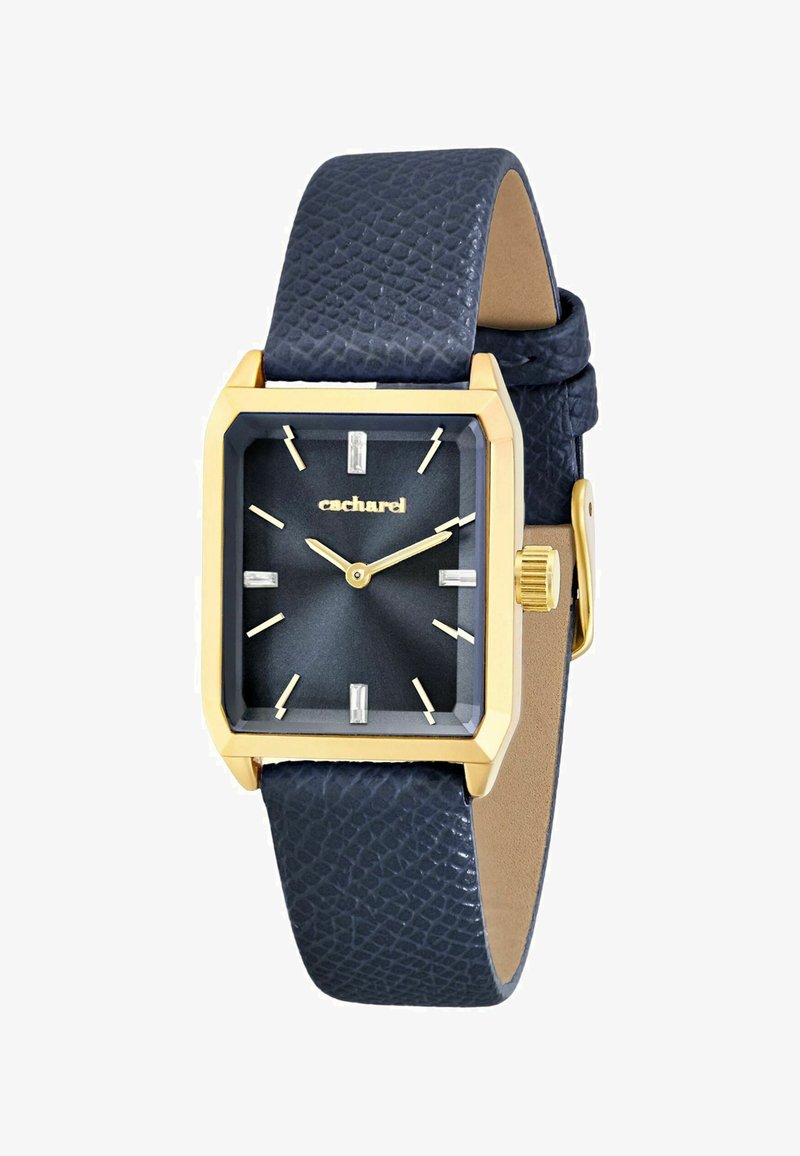 Rechthoekig horloge met gouden kast, zwarte textuurlederen band, zwarte wijzerplaat, gouden wijzers en kristallen uurmarkeringen op 12, 3, 6 en 9 uur.