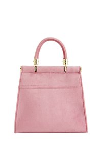 Bolso de ante rosa con forma estructurada, asa superior y acentos de hardware dorado. Presenta una textura suave y detalles de costura.