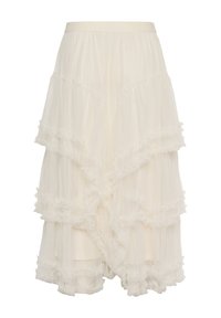 Fustă stratificată din tul de culoarea crem, cu detalii volanate și talie elastică, expusă pe un fundal alb.