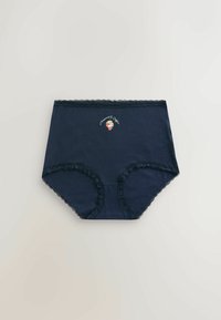 Culotte taille haute bleu marine pour femmes, bordée de dentelle, avec une petite broderie de croissant et de café au centre devant.