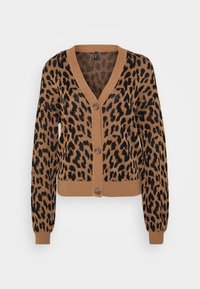 Leopard print cardigan in brown and black, featuring a v-neck, button front, long sleeves, and ribbed cuffs and hem. Soft knit texture.