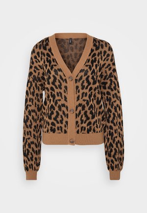 Cardigan en imprimé léopard marron et noir, avec un col en V, un devant à boutons, des manches longues et des poignets et un ourlet en côtes. Texture tricot douce.