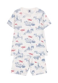 Katoenen pyjama set met korte mouwen en shorts, met een witte achtergrond en blauwe Parijse bezienswaardigheden, rode tekstaccenten en een relaxte pasvorm.