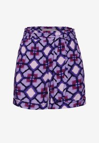 Pantaloni shorts viola con un motivo a diamante in tonalità di rosa e bordeaux, dotati di una fascia elastica in vita e orlo piegato. Tessuto dalla consistenza liscia.