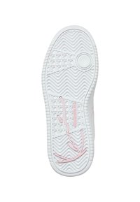 Suola di scarpa da ginnastica bianca con motivi a zigzag, a griglia, dettaglio circolare e design astratto di linee rosa sul fondo.