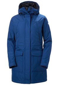 Navy blue insulated parka with a hood, featuring a zip front, two front pockets, and adjustable drawstrings at the hood. Smooth texture.