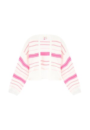 Cardigan bianco a maglia con strisce orizzontali rosa, caratterizzato da un design corto e maniche larghe. Accenti testurizzati in tutto il capo.