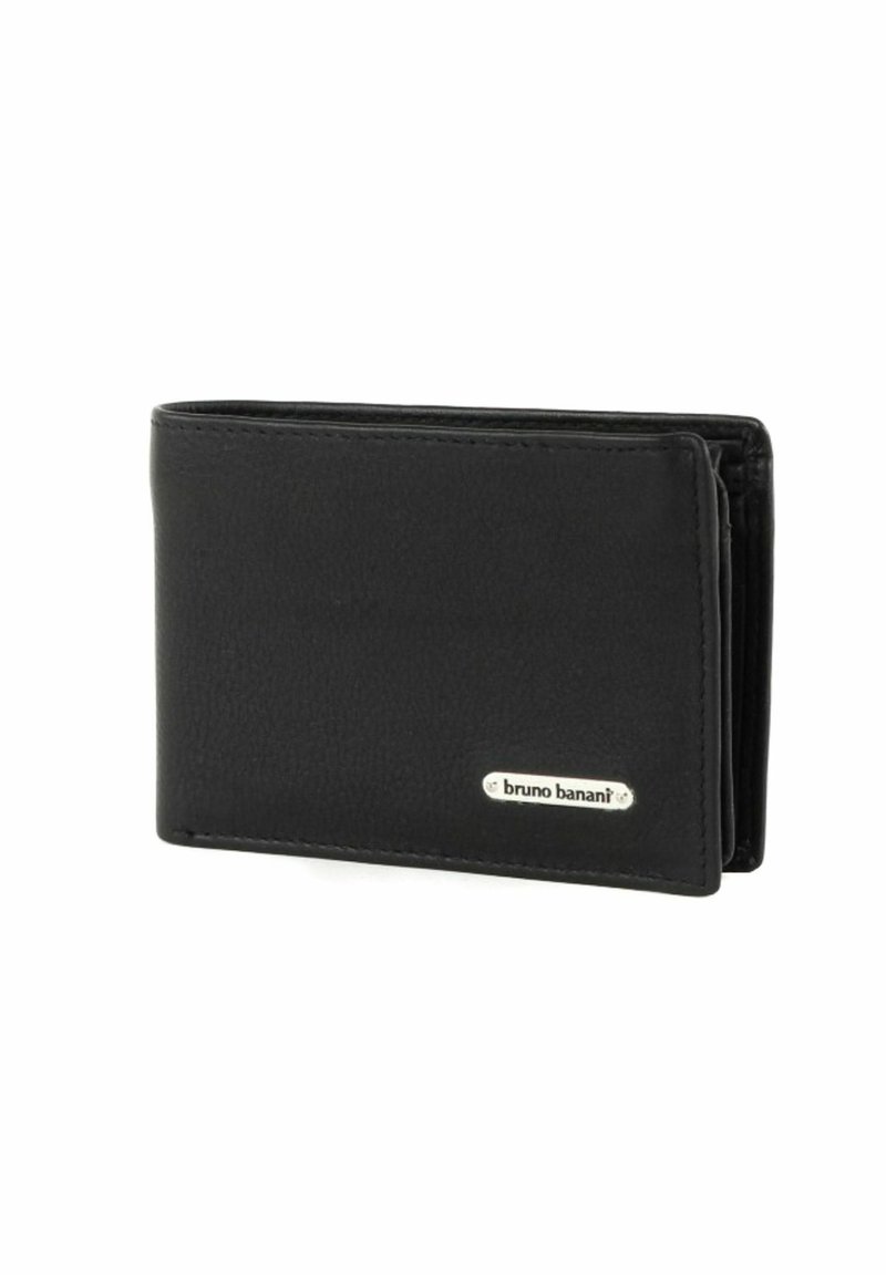 Portefeuille en cuir noir avec une texture lisse, design pliable en deux, plaque de marque argentée à l'avant et plusieurs emplacements pour cartes à l'intérieur.