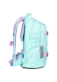 Zaino verde menta con accenti viola, spallacci imbottiti, tasca laterale e base rinforzata. Presenta un design elegante e materiali durevoli.