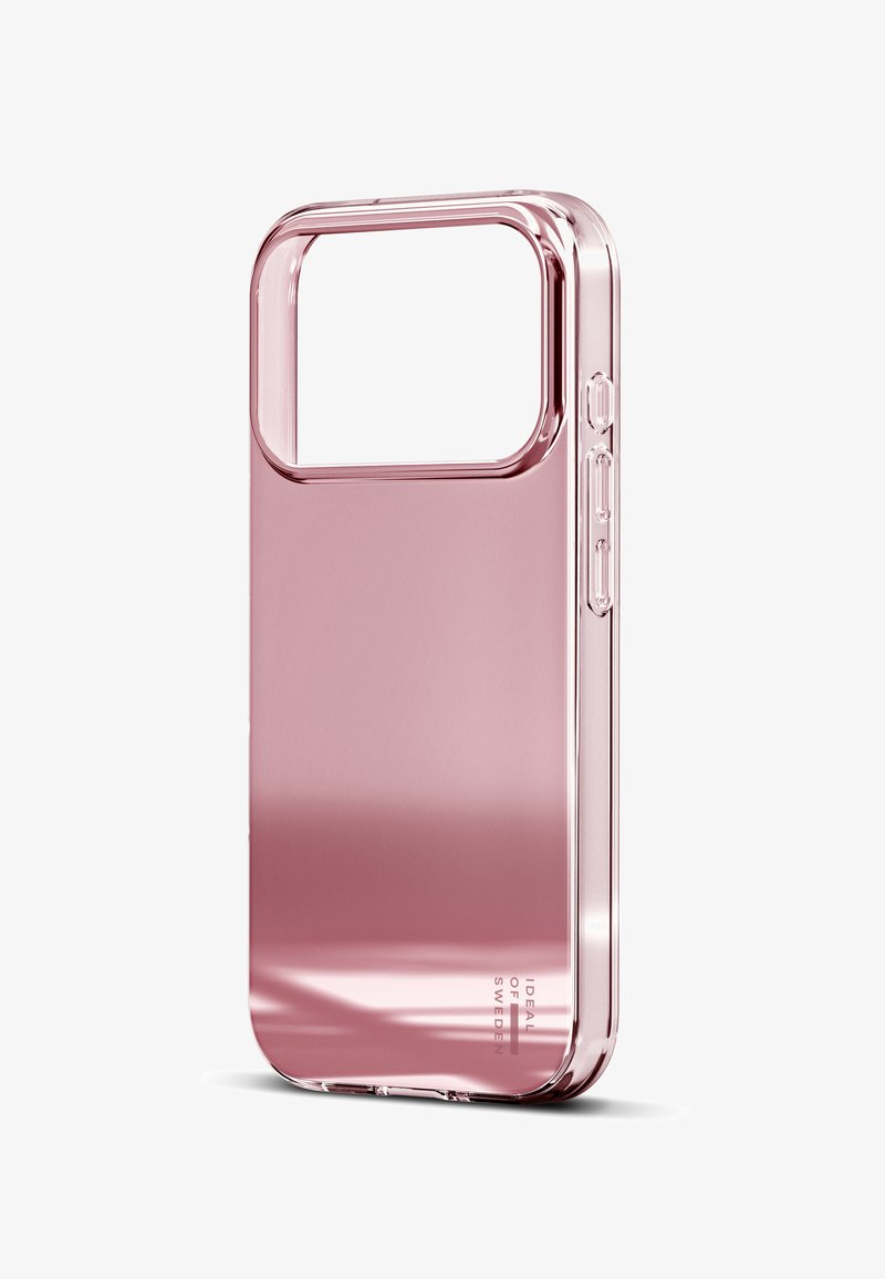 Gjennomsiktig rosa mobildeksel med firkantet utskjæring, glatt tekstur, avrundede kanter og knappåpninger på siden for funksjonalitet.