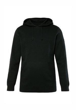 Zwarte hoodie van zacht materiaal met een voorzak en verstelbare trekkoorden, met ribgebreide manchetten en zoom. Eenvoudig ontwerp.
