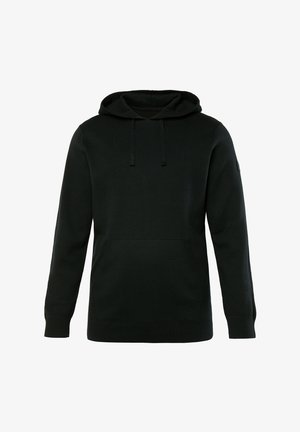 Sudadera con capucha negra de tela suave, con un bolsillo frontal y cordones ajustables, que presenta puños y dobladillo acanalados. Diseño simple.