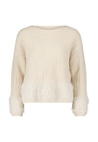 Cremfarbener Pullover mit strukturiertem Strickmuster und Kunstfellbesatz an Saum und Bündchen. Runder Ausschnitt und bequeme Passform.