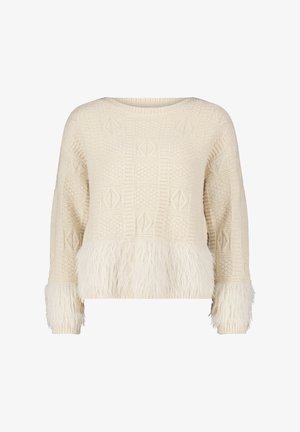 Crème kleurige trui met een textuur gebreid patroon en nep bont aan de onderrand en manchetten. Ronde halslijn en een relaxed fit.