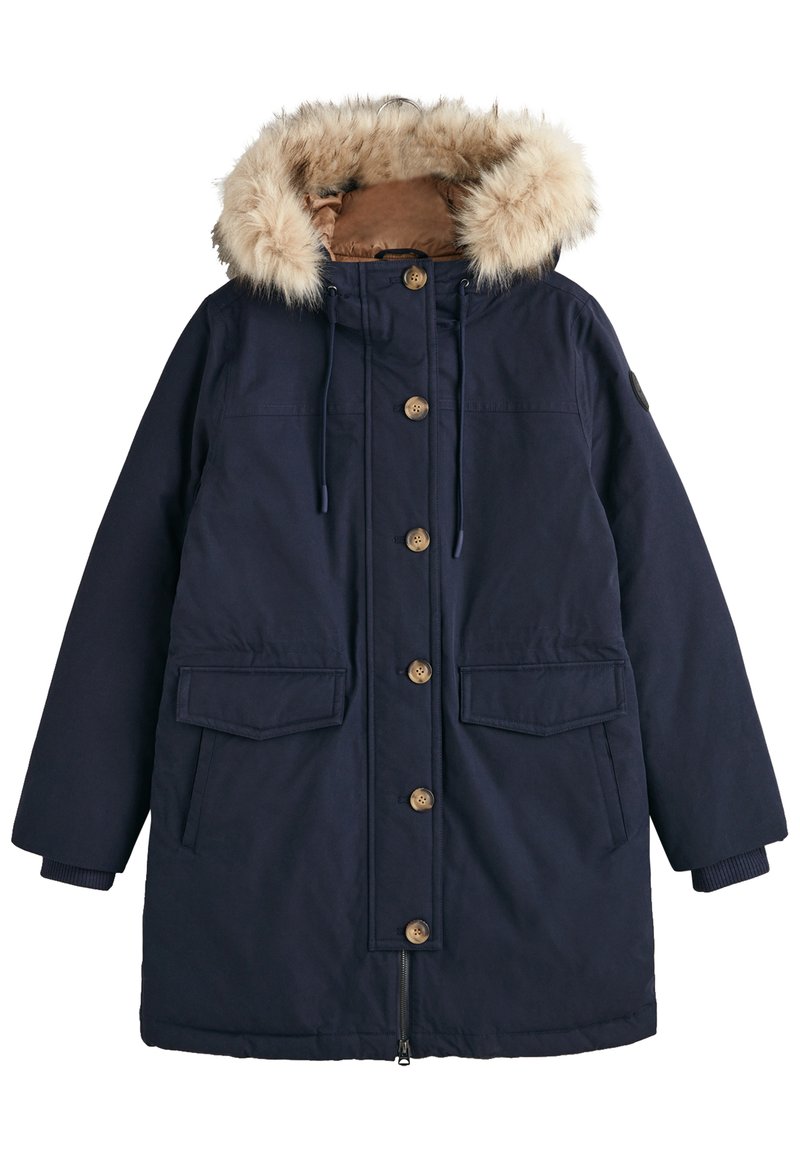 Marine Parka mit einem mit Pelz gefütterten Kapuze, ausgestattet mit einem Reißverschluss, sechs großen Knöpfen, zwei Fronttaschen und gerippten Bündchen. Glatte Textur.