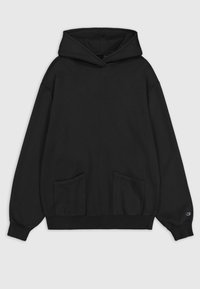 Sweat-shirt à capuche noir en mélange de coton. Présente une poche kangourou, des poignets côtelés et un logo subtil sur la manche.