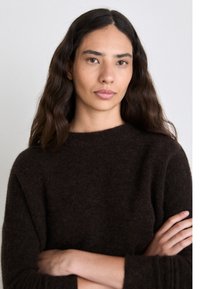 Brown knit sweater with a crew neckline and long sleeves, featuring a soft texture and a relaxed fit, enhancing its cozy appearance.
