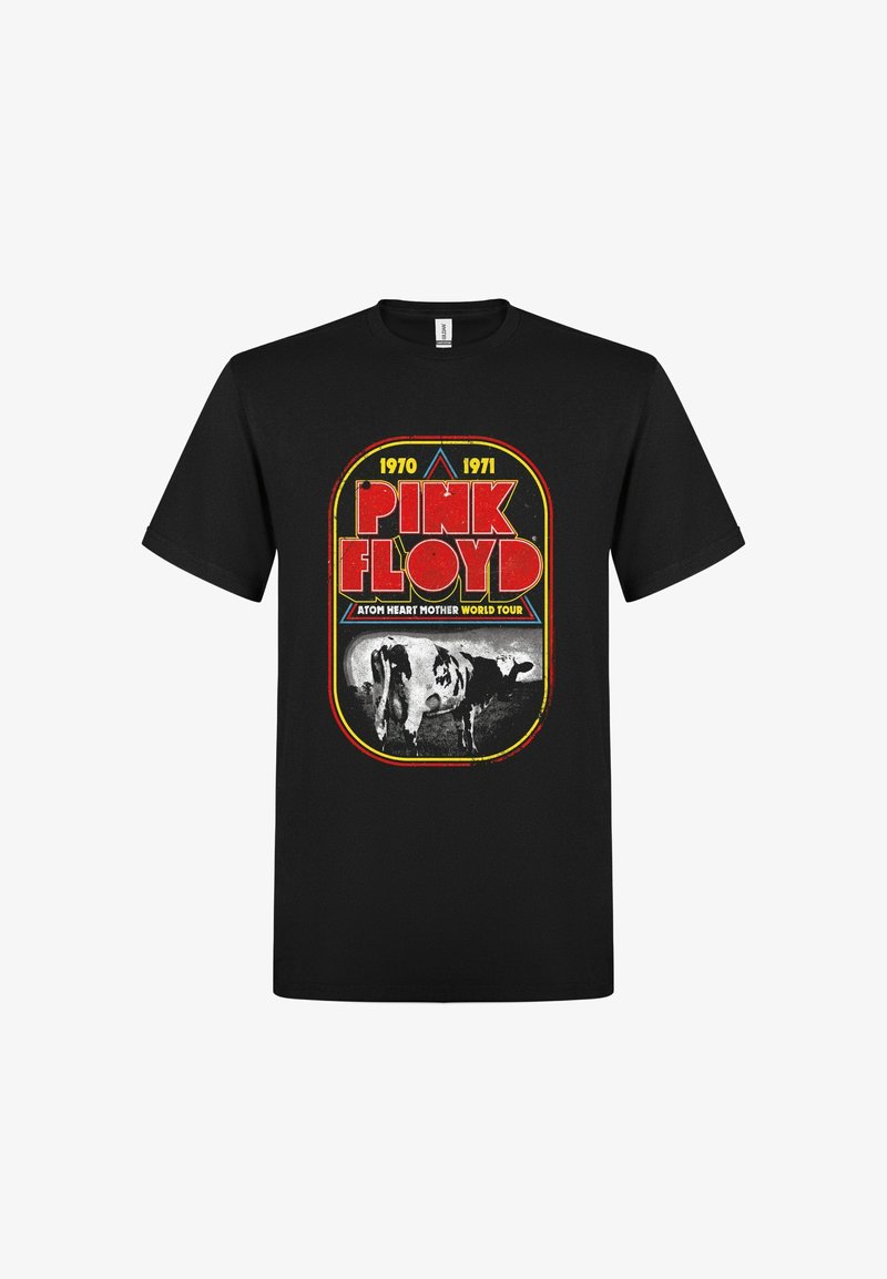 Czarny bawełniany T-shirt z vintage grafiką krowy w czerwono-żółtych kolorach oraz napisem "PINK FLOYD" i latami trasy koncertowej 1970 i 1971.