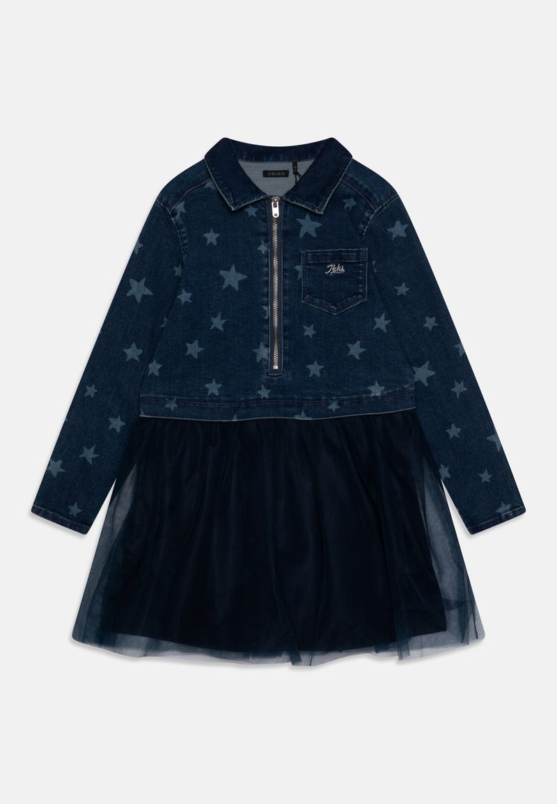 Robe bleu foncé à manches longues avec motifs d'étoiles sur le haut en denim, fermeture éclair à l'avant, poche poitrine, et jupe en tulle noir à plusieurs couches.