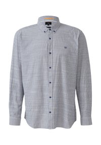Blauwe en witte gestreepte katoenen shirt met een button-down kraag, lange mouwen en een borstembleem. Heeft blauwe knopen en details op de manchetten.