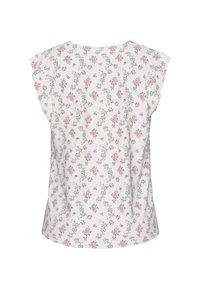 Blusa floreale in tessuto leggero con background bianco. Presenta maniche corte, collo rotondo e un motivo di fiori rosa e verde.