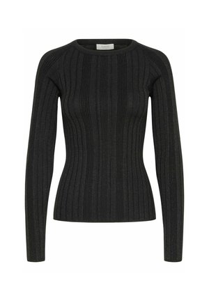 Melnas ribota džemperis ar garām piedurknēm, apaļo izgriezumu un nedaudz mirdzumu. Izgatavots no teksturēta adījuma auduma, kas nodrošina papildu siltumu.