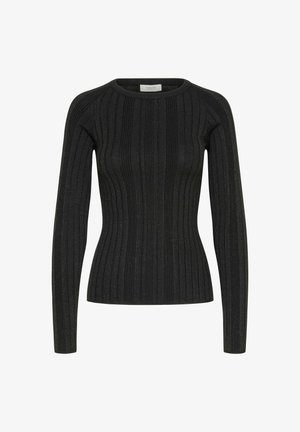 Melnas ribota džemperis ar garām piedurknēm, apaļo izgriezumu un nedaudz mirdzumu. Izgatavots no teksturēta adījuma auduma, kas nodrošina papildu siltumu.