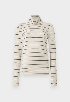 Beżowy sweter z golfem w czarne poziome paski. Wykonany z miękkiego materiału, z długimi rękawami i dopasowanym krojem.