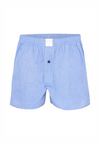 Světle modré bavlněné boxerky s elastickým pasem, jedním černým knoflíkem a jemnou texturou po celém materiálu.