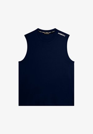 Top senza maniche di colore blu navy con scollo tondo, con logo "FREDDY" stampato sulla spalla sinistra e sul colletto interno, design semplice.
