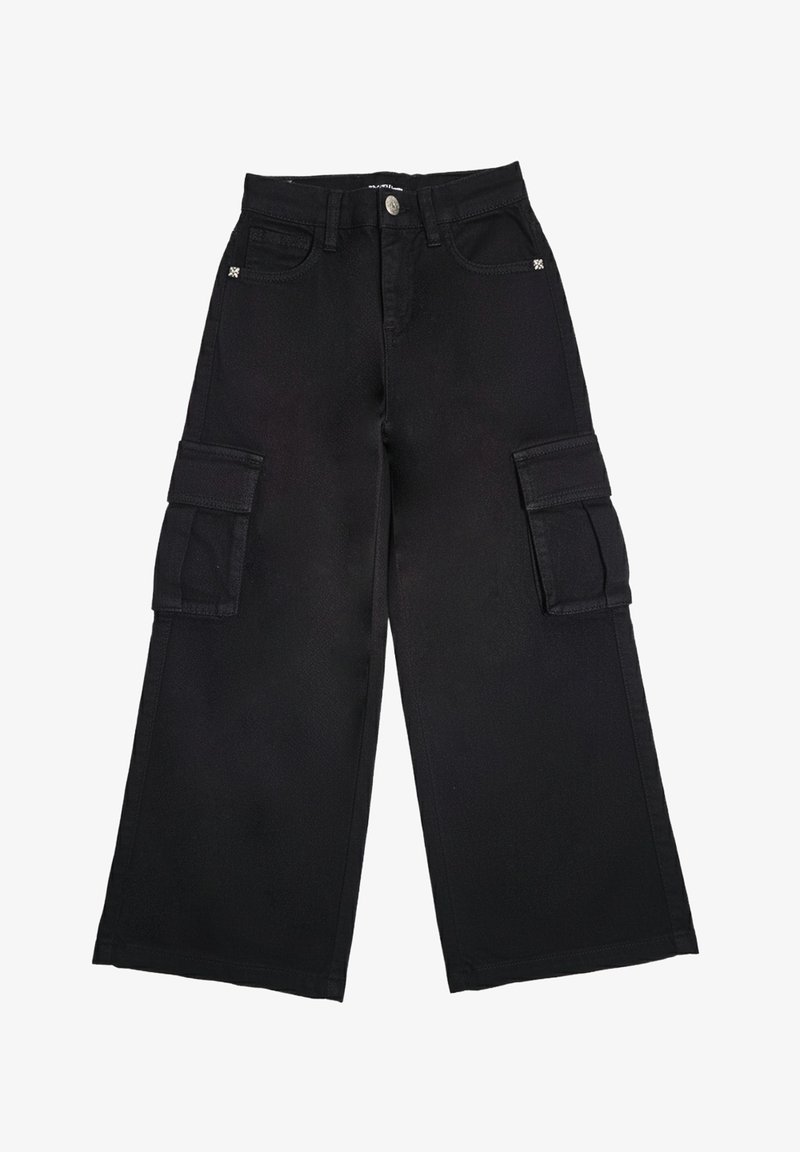 Pantaloni cargo neri a gamba larga con tasche a patta sulle cosce, chiusura frontale con bottoni e cerniera, e passanti per cintura in vita.