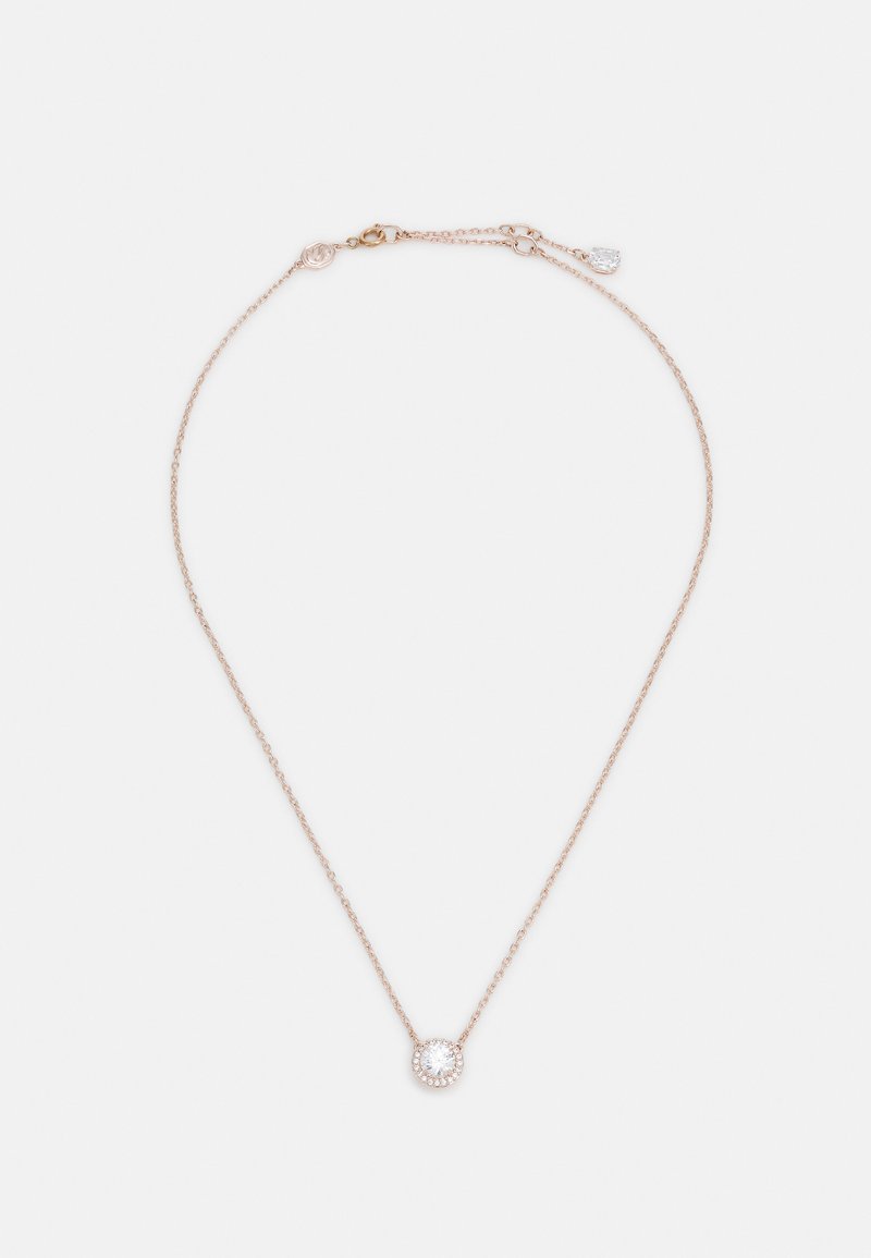 Collana in oro rosa con ciondolo circolare decorato da una pietra trasparente racchiusa da piccoli accenti scintillanti. Chiusura regolabile per la lunghezza.