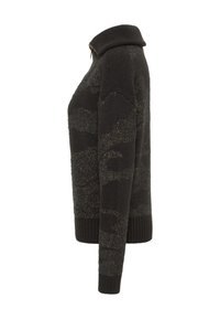 Schwarzer Strickpullover mit einem Stehkragen, der ein dezentes Muster und metallische Akzente aufweist. Strukturierter Stoff und gerippte Bündchen runden das Design ab.