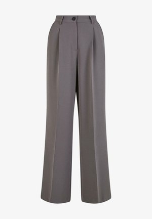 Grijze broek met wijde pijpen, voorzien van voorplooien, een enkele knoopsluiting en zijzakken. Soepele stof en een net ontwerp.