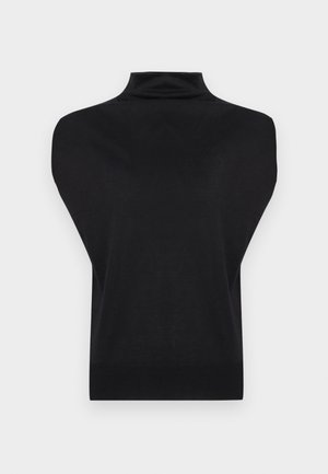 Schwarzer ärmelloser Rollkragenpullover mit breiten Schulterpanele und eng anliegendem Rippenbund, präsentiert vor einem weißen Hintergrund.