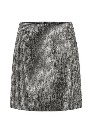Mini falda a rayas en gris y blanco con una textura de tela suave, que cuenta con una cinturilla ajustada y una forma A-line sencilla.