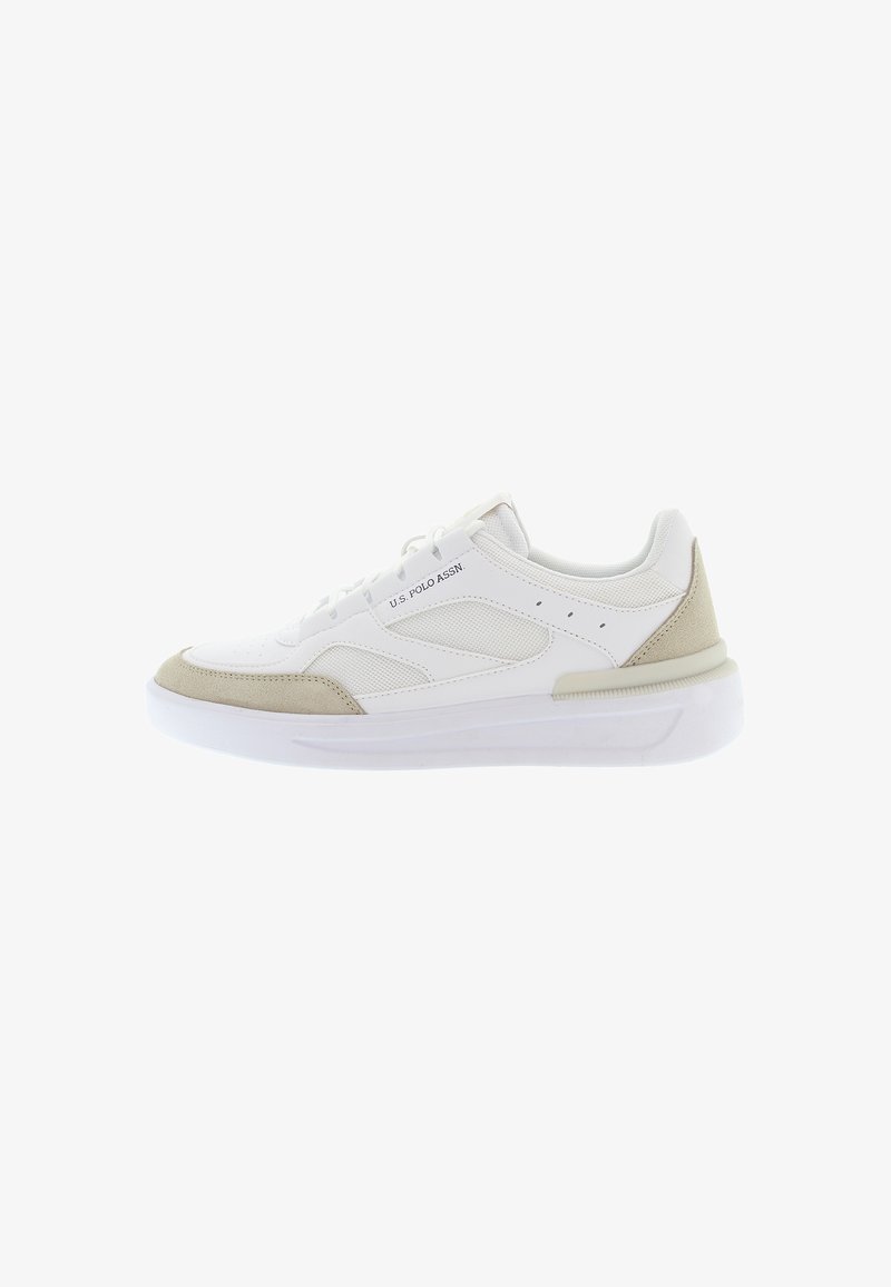 White low-top sneaker with beige suede toe and heel accents, mesh panels, and "U.S. Polo Assn." logo on the side.