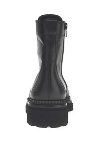 Zwarte leren enkelboot met een ritsluiting, versterkte stiksels en een dikke rubberen zool. Beschikt over een zachte textuur en een ronde vorm.