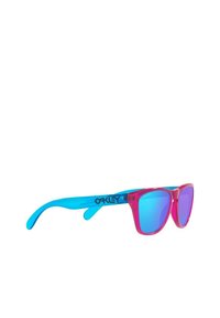 Sunglasses with a bright pink and blue transparent frame, featuring mirrored lenses and black branding on the temples.