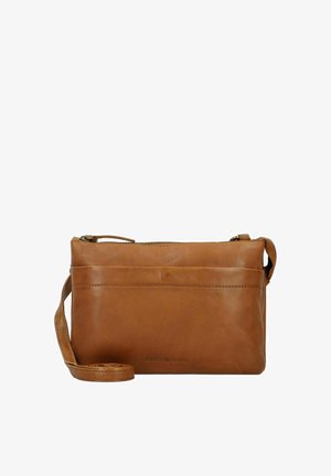 Tan leather crossbody bag with a smooth texture, zip closure, and adjustable strap. Features a front pocket and debossed logo.