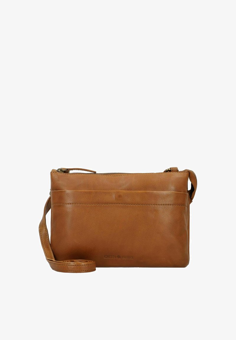 Borsa a tracolla in pelle tan con una texture liscia, chiusura con zip e tracolla regolabile. Presenta una tasca anteriore e un logo impresso.