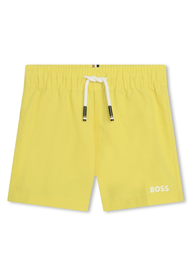 Pantaloni da bagno gialli realizzati in tessuto leggero con vita elasticizzata, cordino bianco e logo stampato "BOSS" in bianco.