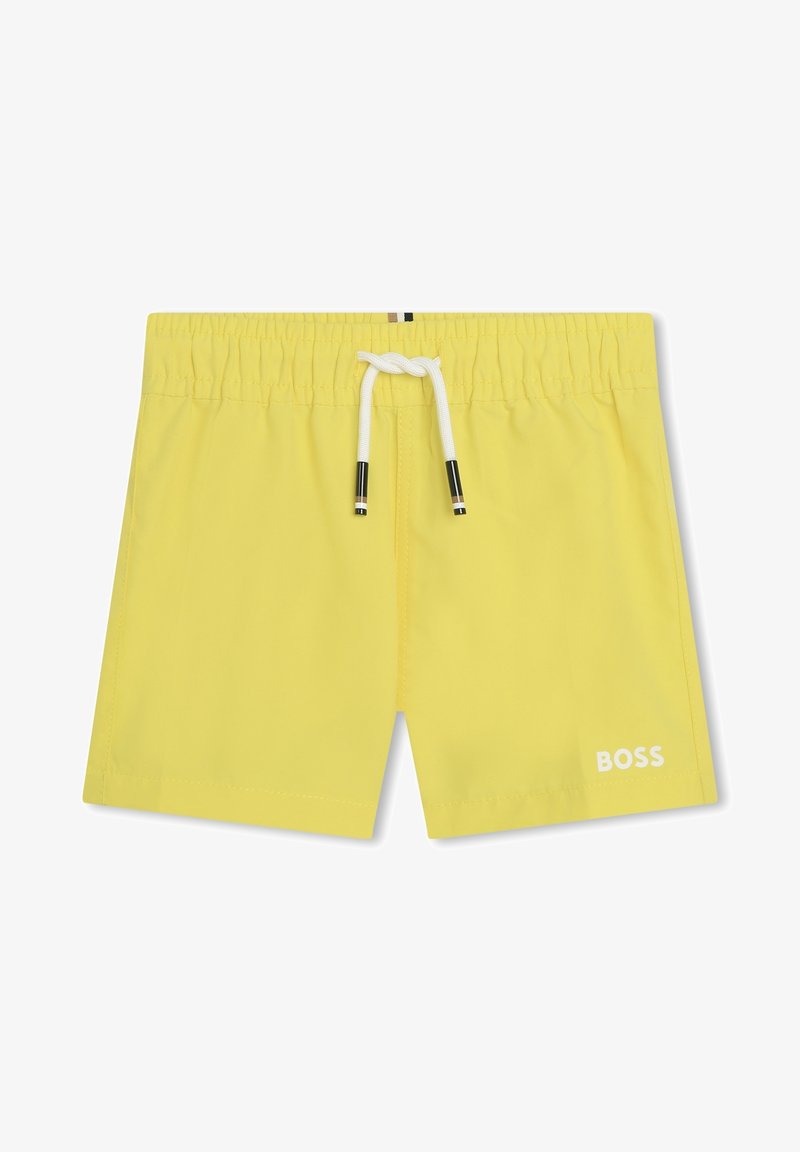 Shorts de bain jaunes en tissu léger avec une taille élastique, cordon blanc et logo "BOSS" imprimé en blanc.