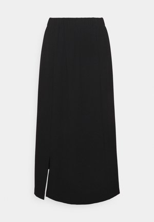 Falda negra hasta la rodilla con cintura elástica, textura lisa, abertura lateral y una sutil forma de línea A. Sin patrones visibles ni herrajes.