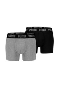 Zwei Paar Boxershorts: eine graue, eine schwarze, beide mit einem schwarzen Bund und weißem "PUMA"-Schriftzug. Glatter Stoff, figurbetontes Design.