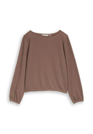 Long-sleeve brown textured blouse with a round neckline and elastic cuffs, displayed on a plain white background.