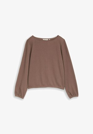 Blouse marron à manches longues, texturée, avec un col rond et des poignets élastiques, présentée sur un fond blanc uni.